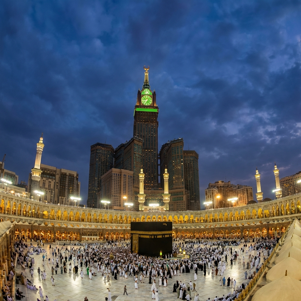 Ka'bah dan menara jam Makkah pada malam hari