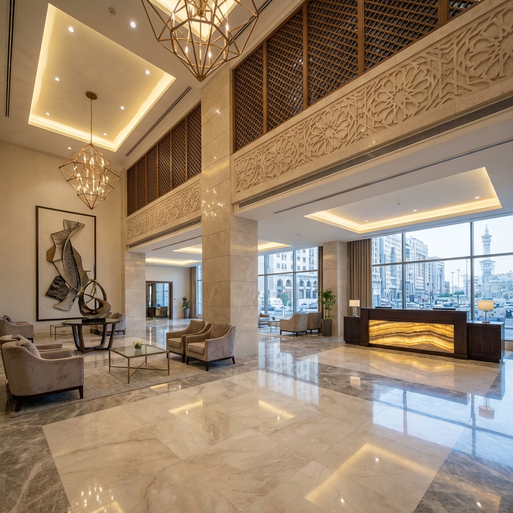 Area lobi hotel yang nyaman untuk tamu umroh